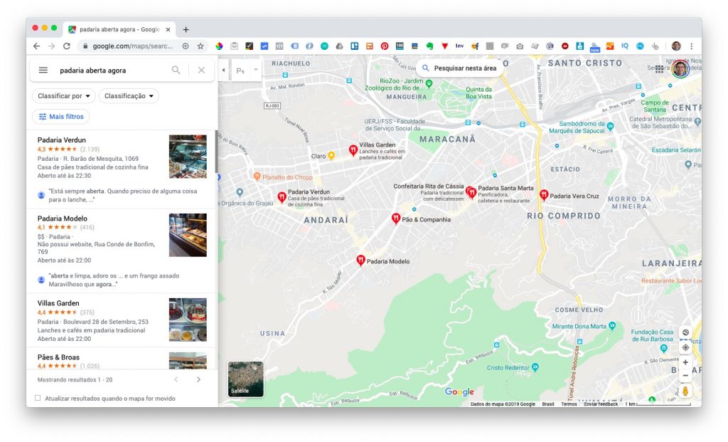 Exemplo de funcionamento do algoritmo do Google Maps: padaria aberta agora