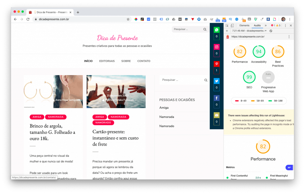 Análise de performance da página (SEO Técnico) feita pelo Google LightHouse no site dicadepresente.com.br